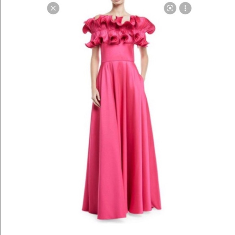 Badgely Mischka pink off the shoulder ruffle gown